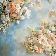 This image displays a floral wreath made up of pink and white flowers, set against a pastel blue and white watercolor-style background. The flowers in the wreath have soft colors and are arranged natu