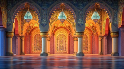 3D render of an Arabic themed product display background for advertisement featuring a moon stars and an Arabic lamp