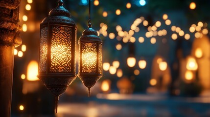 3D render of an Arabic themed product display background for advertisement featuring a moon stars and an Arabic lamp