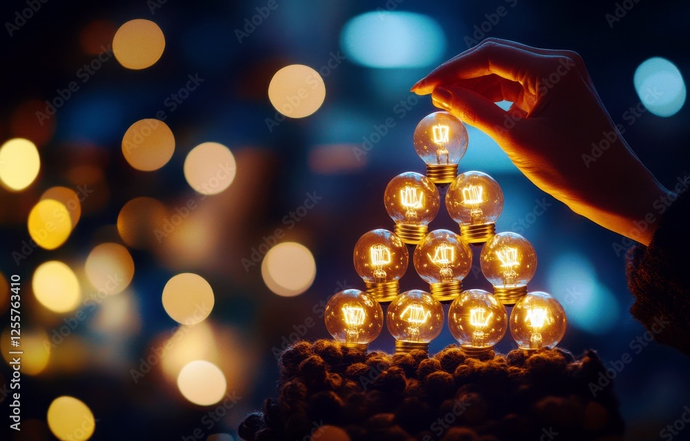 Poster hand assembling glowing bulbs in creative arrangement against soft bokeh background with warm soft l