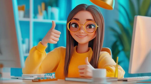  the generated animation. The girl is working at the computer and greets. 3d styling.