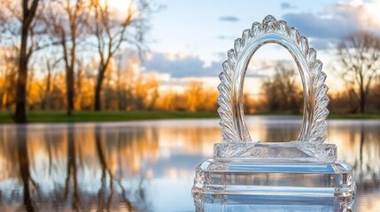 Crystal Decorative Piece Reflecting in Calm Water Against Sunset Sky and Trees in Park