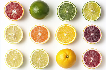 Obraz premium Top view varies of mixed fruit with orange, lemon, lime and bergamot isolated on white background, Selective focus various type of citrus fruit sliced on white background.