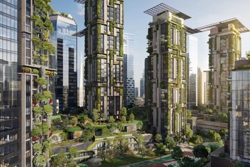 A futuristic city with skyscrapers covered in vertical gardens