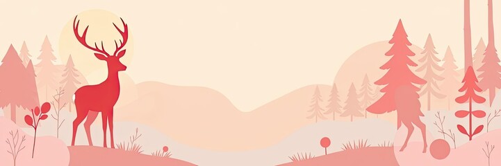 Naklejka premium Peaceful Pink Forest Deer Silhouette Landscape Illustration