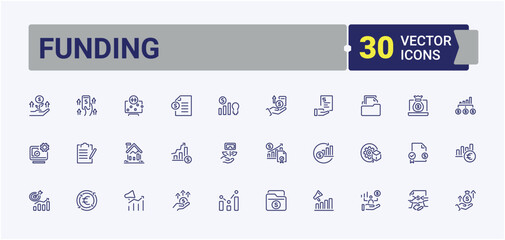 Funding icons set. It contains symbols to account, market, capital, economy, Investment, insurance, real estate, analysis. Collection for mobile and web apps. Editable vector stroke.