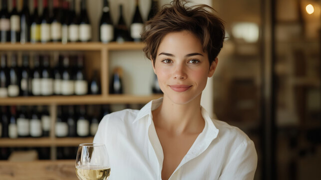 Young woman with short hair holding a glass of white wine in a wine shop. Elegant and relaxed atmosphere. Concept of wine tasting, lifestyle, and hospitality.