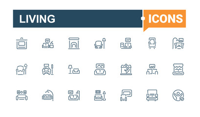 Set of Living line icons. Includes icons for home, bedroom, web, couch, sofa, eco, room and more. Set of line pictogram. Minimalist editable vector stroke.