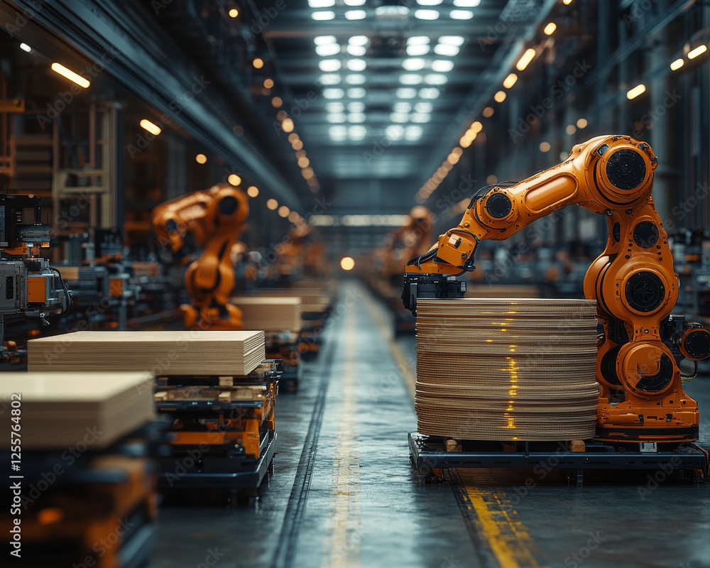 Poster automated robotic arms stacking sheets in warehouse