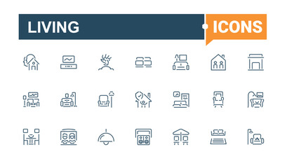 Set of Living line icons. Includes icons for home, bedroom, web, couch, sofa, eco, room and more. Set of line pictogram. Minimalist editable vector stroke.
