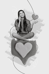 Creative 3d photo collage poster postcard of lovely cute girl chatting speaking telephone with...