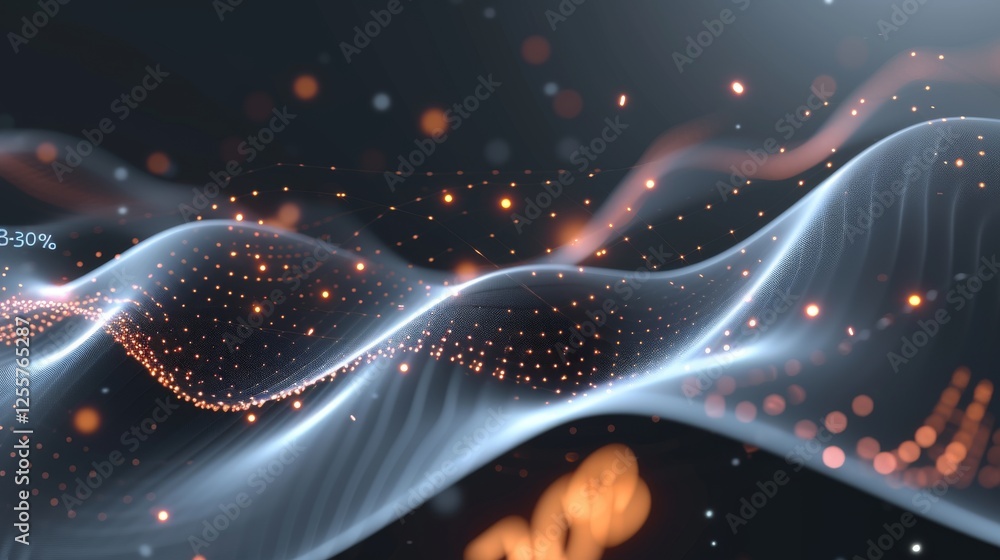 Poster a captivating abstract digital wave with orange glowing dots and smooth lines against a dark gradien