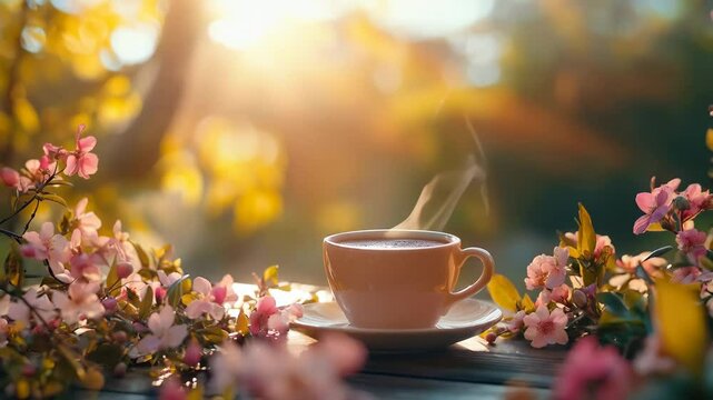 Steaming cup of tea surrounded by pink cherry blossoms at sunset. Spring morning breakfast concept. Perfect for Mother's Day, Easter, Spring equinox celebration