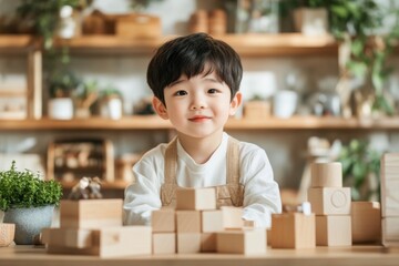 A primary school student learning basic math with counting blocks