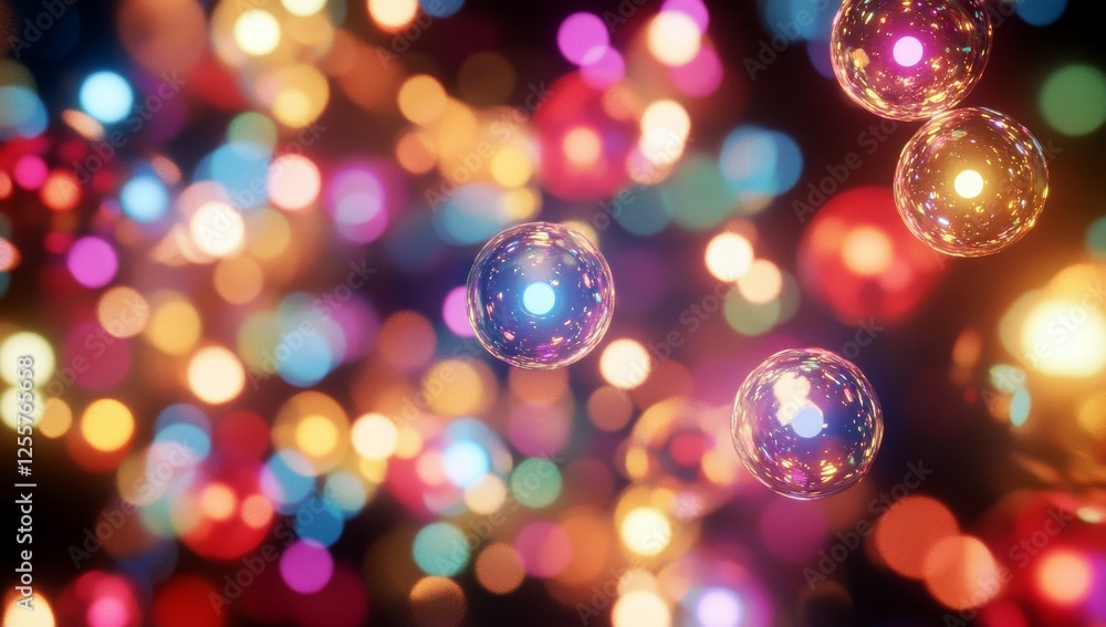 Poster bokeh background with colorful lights and floating bubbles in a dreamy atmosphere for festive or cel