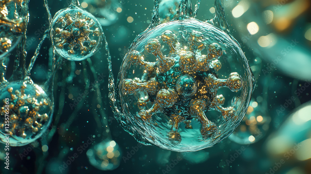 Aufkleber close-up view of colorful virus-like structures suspended in fluid, showcasing intricate details