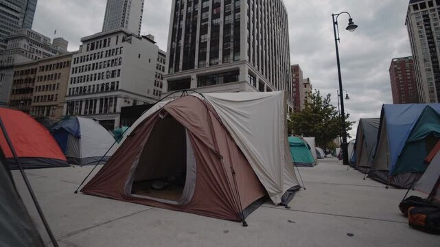 Slow Motion City Homeless Tents | Static Shot Fixed Camera Movement | Rows of Makeshift Shelters on Urban Streets | Harsh Reality of Homelessness | Wind Gently Moving Fabric | Gritty and Emotional