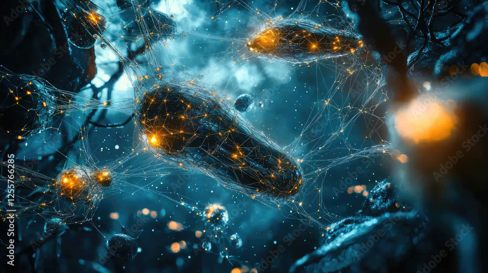 Poster abstract representation of microscopic organisms connected by glowing networks in a dark environment