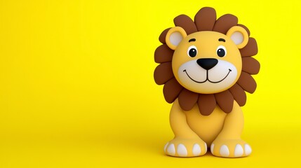 Cute cartoon lion figure, bright yellow background, pixelated style, 3d rendering, childlike theme, sitting pose, friendly expression, soft colors, digital art.
