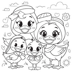 Cute kawaii duck family cartoon character coloring page vector illustration, Mothers day colouring page for kids
