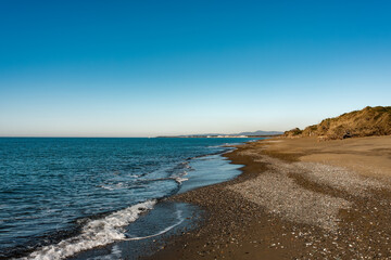 Panorama of the beach of the Tomboli di Cecina Nature Reserve Marina di Cecina Tuscany Italy 