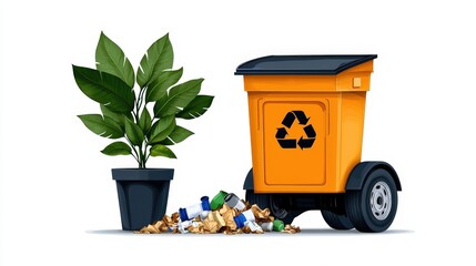 Bright Orange Recycling Bin with Green Plant and Litter in Minimalist Environment