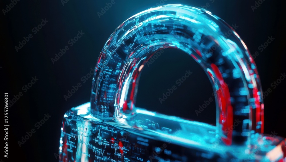 Poster futuristic transparent padlock glowing with digital patterns on a dark background, symbolizing cyber