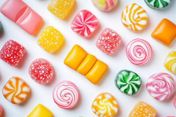 Top view various type candy isolated on white background, Selective focus varies of sweet with candy and jelly on white background.