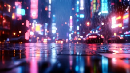 Fototapeta premium Urban Nightscape: Neon Reflections on a Rainy Street with Blurred Lights and Soft Raindrops in a Vibrant City Atmosphere