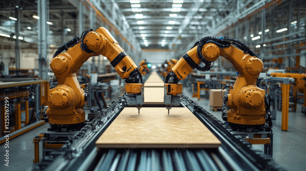 Poster high tech factory with robotic arms assembling panels