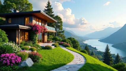 Obraz premium Modern Hillside Residence with Panoramic Lake View and Landscaped Gardens