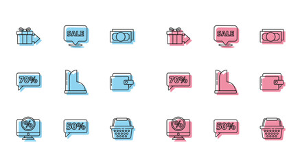 Set line Percent discount and monitor, Fifty percent tag, Gift box, Shopping basket, Waterproof rubber boot, Wallet, Seventy and Hanging sign with Sale icon. Vector