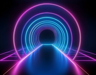 3d render, virtual reality environment, neon light, round portal, rings, circles, tunnel, ultraviolet spectrum, abstract background, laser show, fashion catwalk podium, way, stage, floor reflection