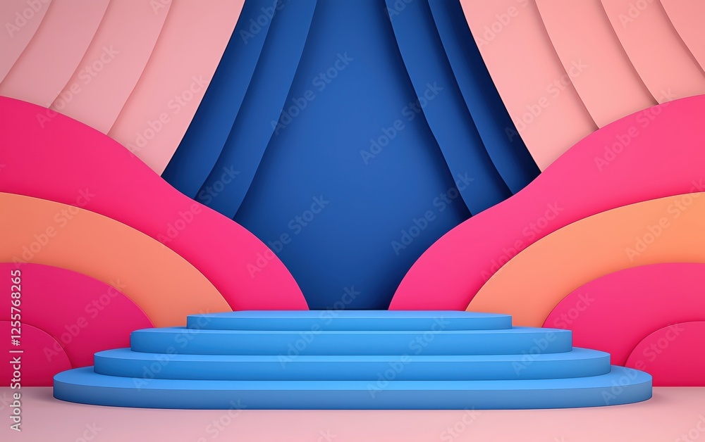 Poster a vibrant and colorful backdrop with layers of pink and blue wave patterns.