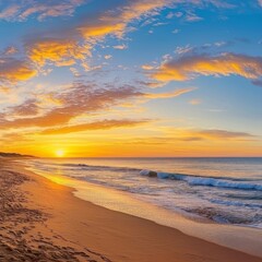 Golden sunrise paints the sky above a tranquil beach, with gentle waves lapping the sandy shore in soft light -ai