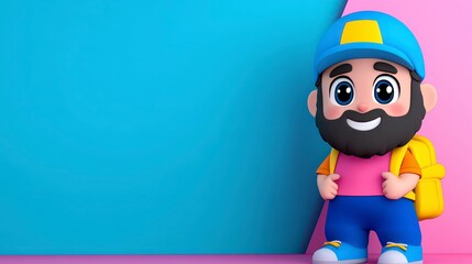 Fototapeta premium 3d cartoon man with a beard, wearing a baseball cap, a pink shirt, a yellow backpack, and blue pants, standing against a light blue and pink background. He has big eyes and a happy expression.