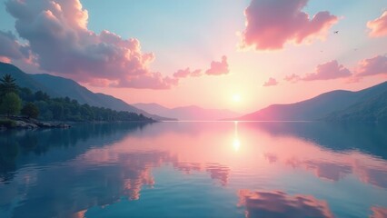 Obraz premium Serene Sunset Over a Tranquil Lake Mirroring the Peaceful Pink Sky and Verdant Hills