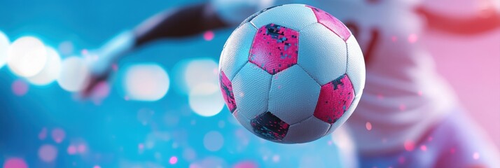 Naklejka premium A dynamic shot of a colorful soccer ball in motion against a vibrant backdrop.