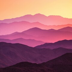 Obraz premium Layered mountain ranges recede into the distance, bathed in warm hues of pink, purple, and orange at sunset -ai