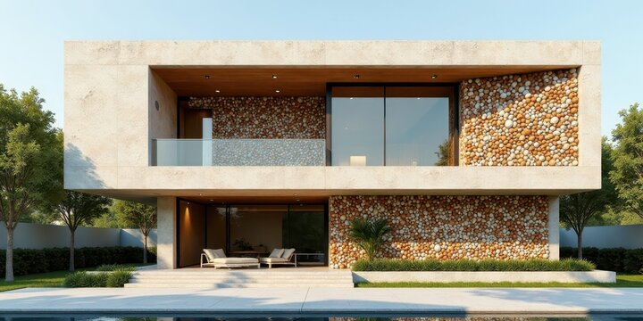 Modern Architectural Design Featuring a Pebble Stone Exterior and Expansive Glass Windows