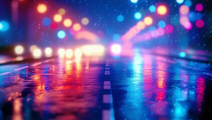 Rainy Night in the City with Colorful Bokeh and Reflections on Wet Pavement Illuminated by Traffic Lights