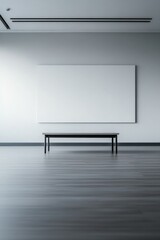 A minimalist space with a simple wooden bench and a blank picture frame