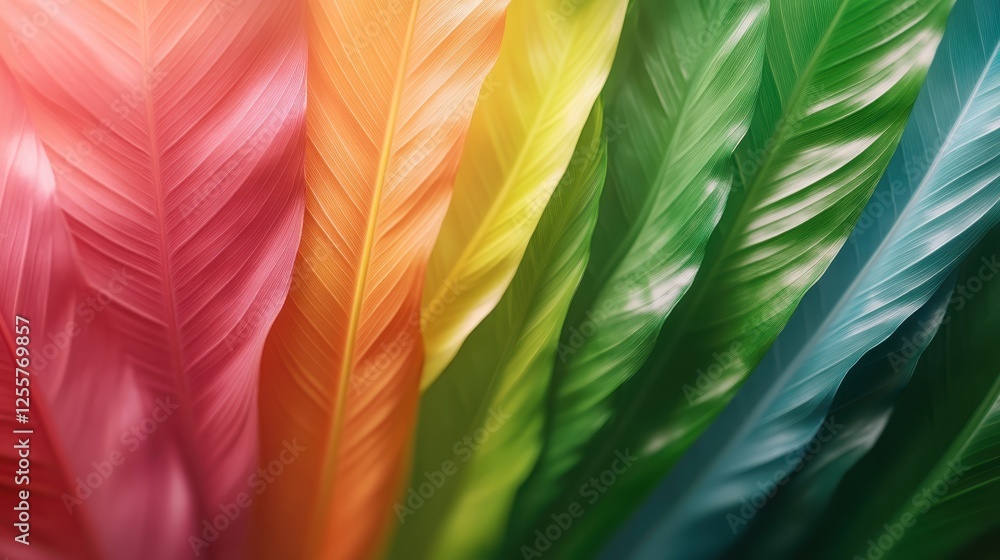 Poster a close-up view of beautifully arranged feathers displaying a gradient of colors, radiating creativi