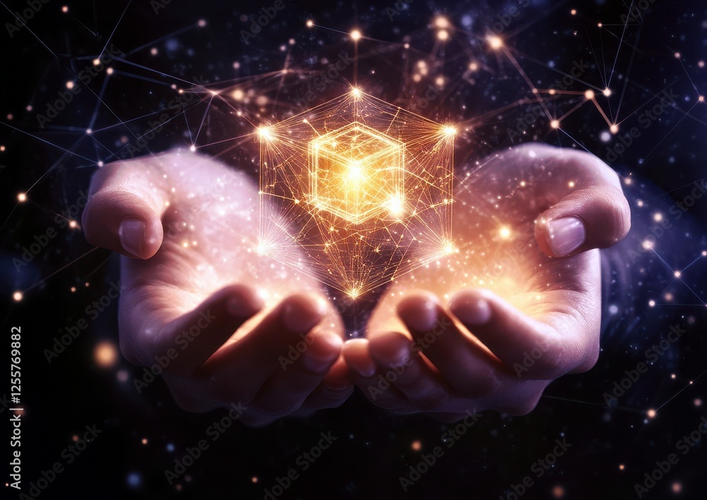 Poster hands holding a glowing cube surrounded by sparkling connections and light in a mysterious cosmic ba