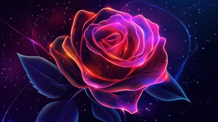 A digital rose design featuring glowing lines and bright neon colors against a dark, abstract background.