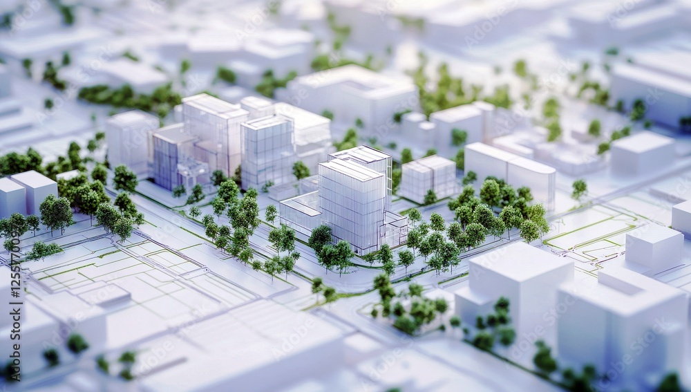 Poster urban planning model featuring modern architecture with green spaces and tree-lined streets in a met