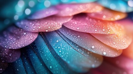 Fototapeta premium A stunning close-up of vibrant, colorful petals covered in glistening dew, showcasing nature's beauty and the delicate interplay of colors and textures.