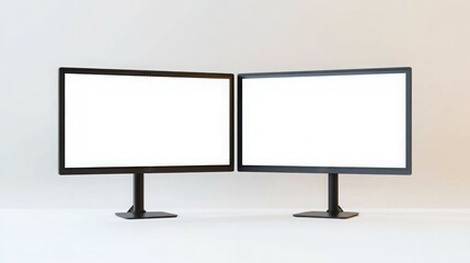 Dual Computer Monitors with Blank White Screens on Desk