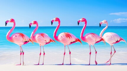 Obraz premium Group of Five Elegant Pink Flamingos Standing at the Sandy Beach by the Calm Blue Ocean