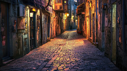 Fototapeta premium Serene cobblestone alleyway illuminated by street lamps at dusk, evoking a peaceful atmosphere